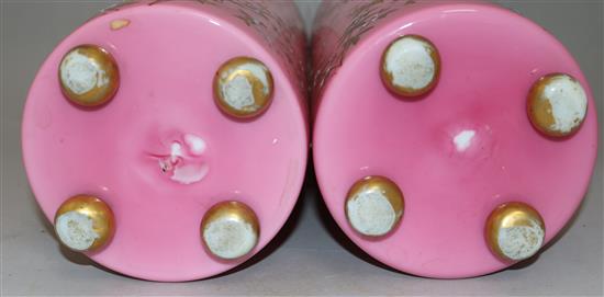 A pair of late 19th century Bohemian Japonaise enamelled pink cylindrical glass vases, 12.5in.